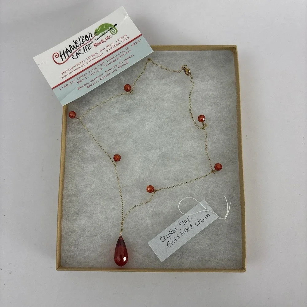 Gold Tone Necklace‎ Teardrop Red Crystal Beads Jewelry READ